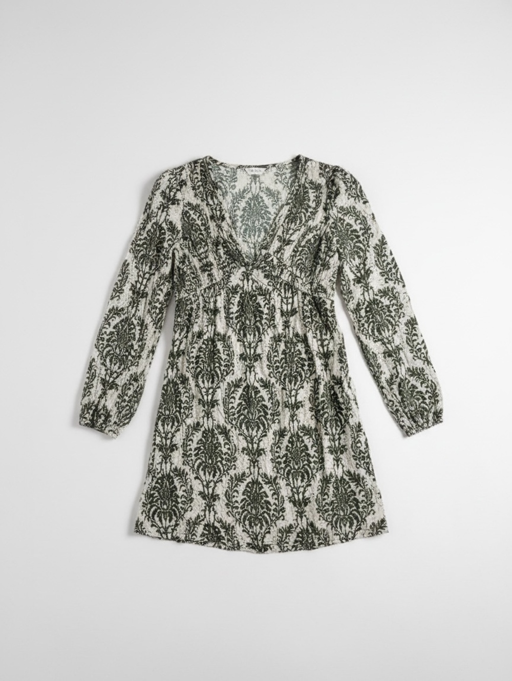 Green Damask V-Neck Long Sleeve Mini Dress Cupshe Size Small